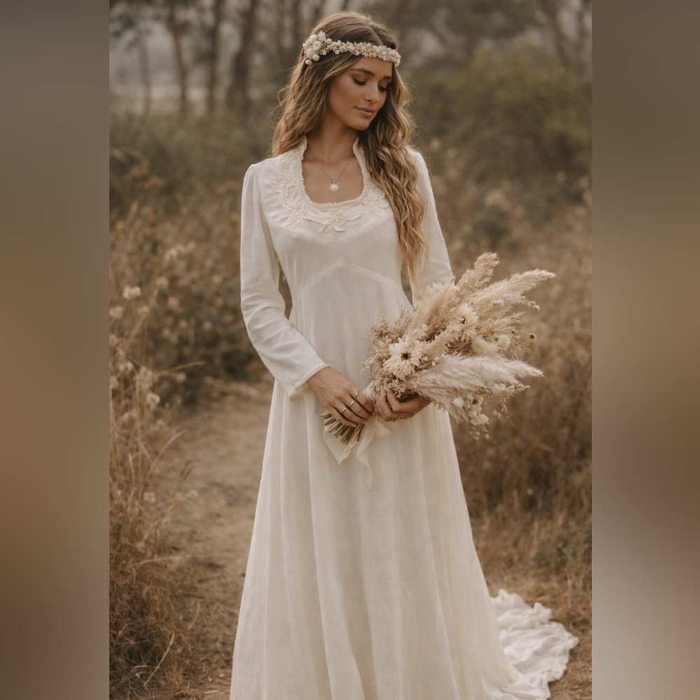 VTG 1970s union made Cream Long Sleeve Maxi Wedding Dress milkmaid cottage